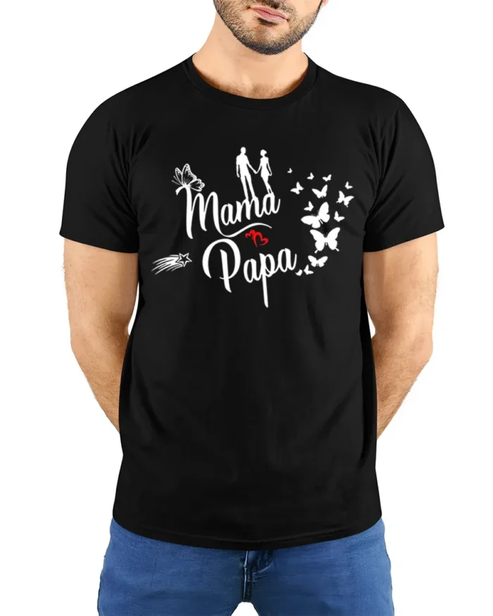 Mama Papa Butterfly Tee Sweet Family Love T-Shirt - model wearing black shirt, hands behind back