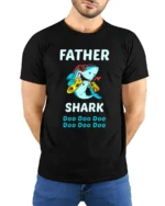 Father Shark Funny Dad Shark Doo Doo T-Shirt - model wearing black shirt, hands behind back