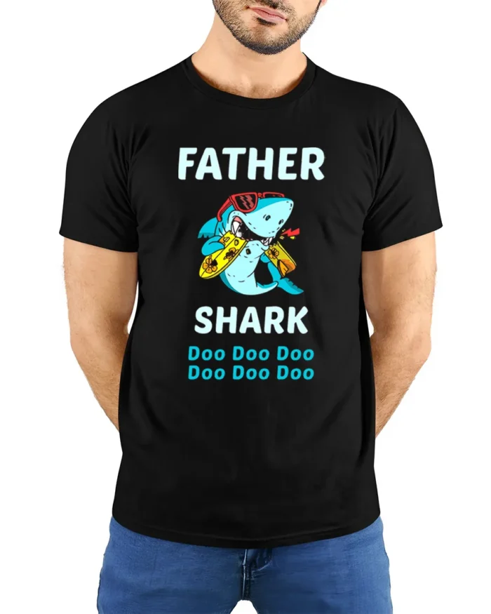 Father Shark Funny Dad Shark Doo Doo T-Shirt - model wearing black shirt, hands behind back