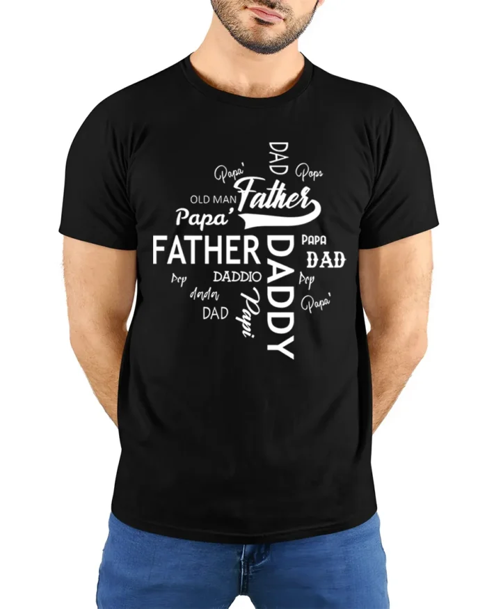 Daddy Papa Pops T-Shirt Father’s Day Nickname Tee - model wearing black shirt, hands behind back