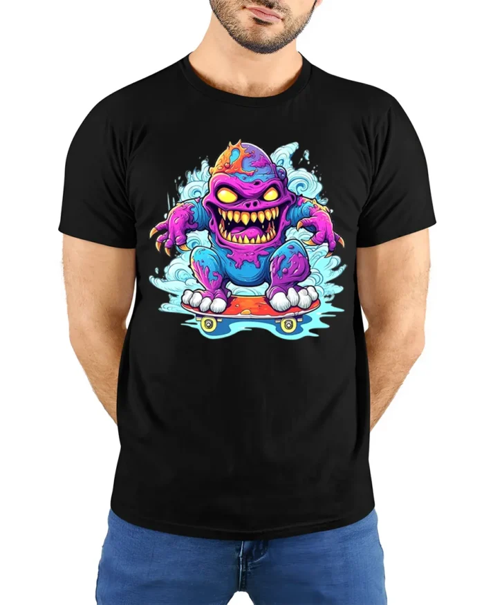 Skate Monster Funny Cartoon Skateboard T-Shirt - model wearing black shirt, hands behind back