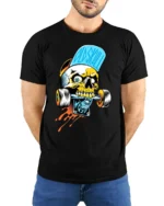 Cool Skull Skateboard Funny Skeleton Rider Tee - model wearing black shirt, hands behind back
