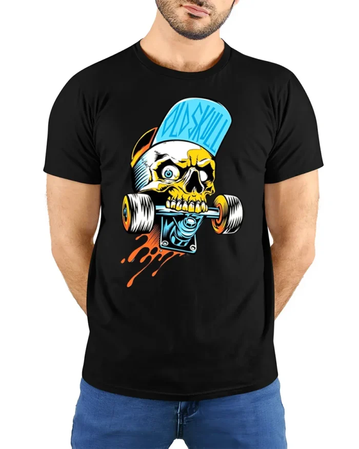 Cool Skull Skateboard Funny Skeleton Rider Tee - model wearing black shirt, hands behind back