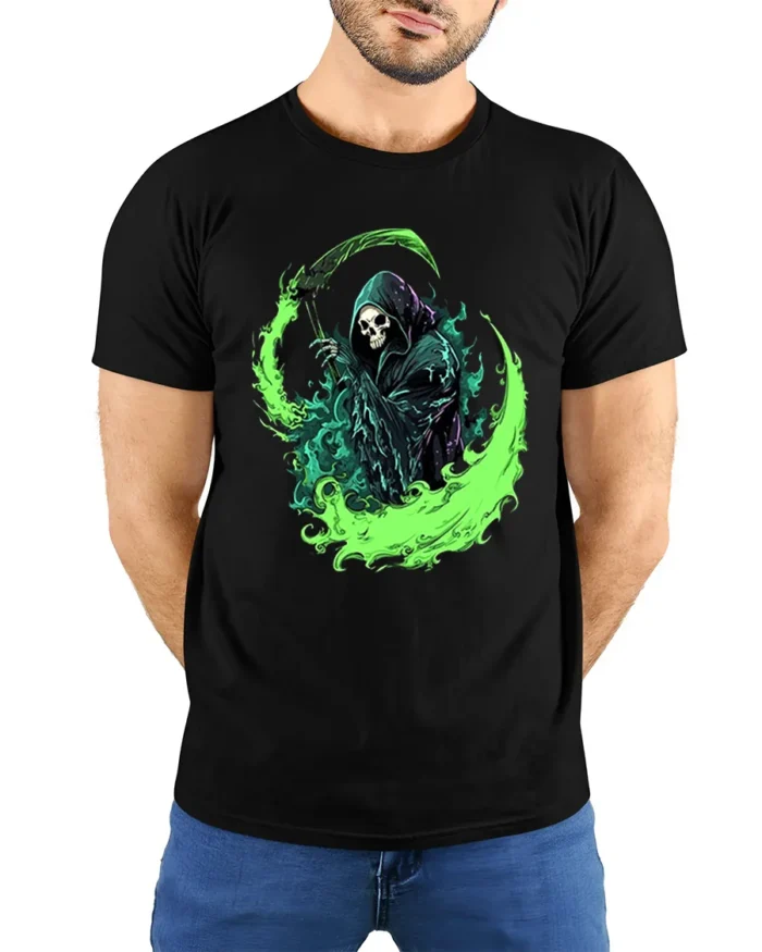 Green Reaper Scythe Grim Reaper Graphic T-Shirt - model wearing black shirt, hands behind back