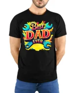 Best Dad Ever Funny Father’s Day Wrench T-Shirt - model wearing black shirt, hands behind back
