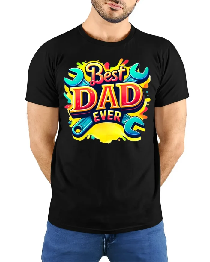 Best Dad Ever Funny Father’s Day Wrench T-Shirt - model wearing black shirt, hands behind back