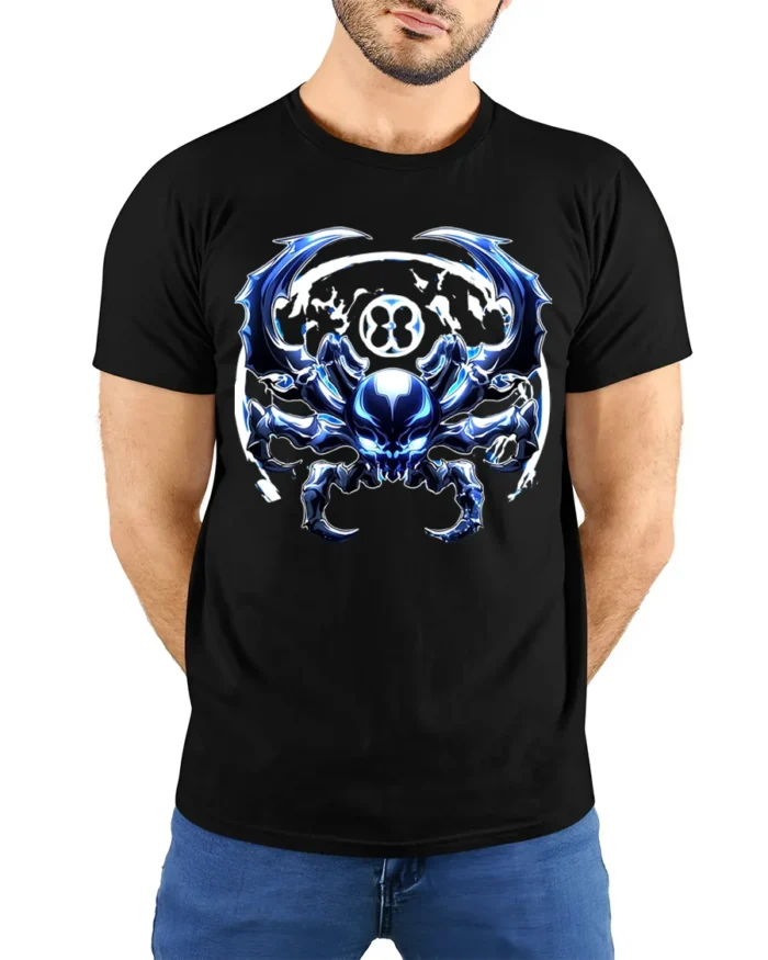 Cyber Spider Metallic Alien Insect Graphic T-Shirt - model wearing black shirt, hands behind back