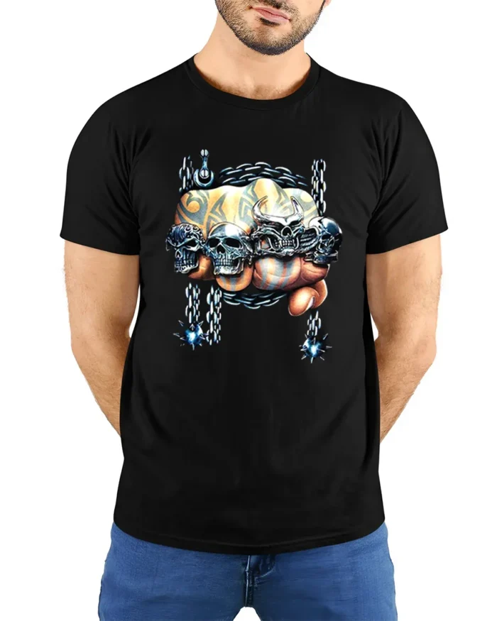 Skull Crusher Fist Metal Rock Graphic T-Shirt - model wearing black shirt, hands behind back