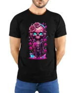 Romantic Skull Cute Skull with Roses T-Shirt - model wearing black shirt, hands behind back