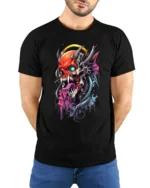 Cyberpunk Oni T-Shirt Futuristic Demon Skull - model wearing black shirt, hands behind back