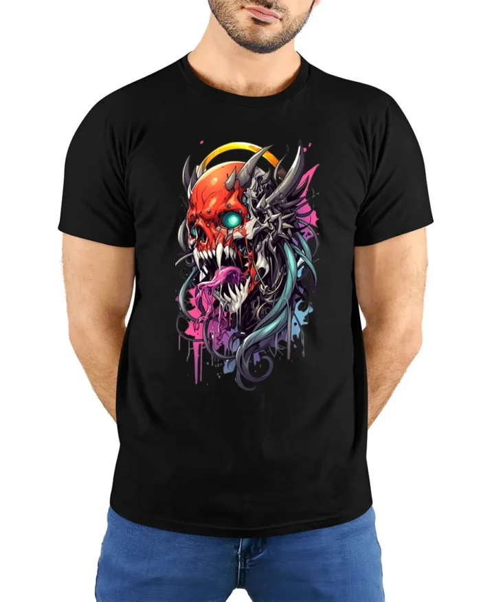 Cyberpunk Oni T-Shirt Futuristic Demon Skull - model wearing black shirt, hands behind back