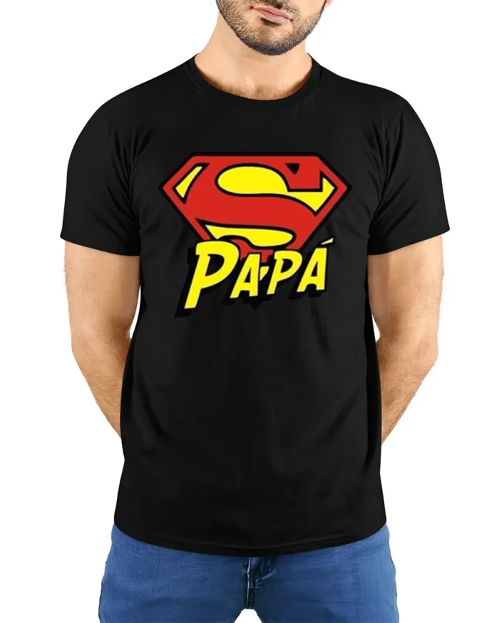 Papa Superman T-Shirt Funny Father’s Day Hero - model wearing black shirt, hands behind back