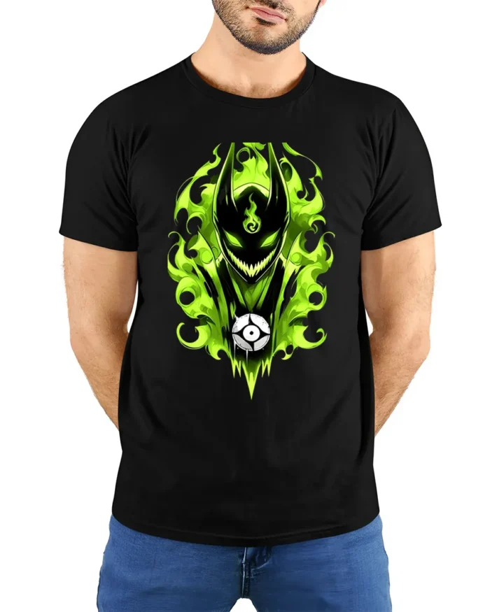 Green Flame Demon Eerie Monster Graphic T-Shirt - model wearing black shirt, hands behind back