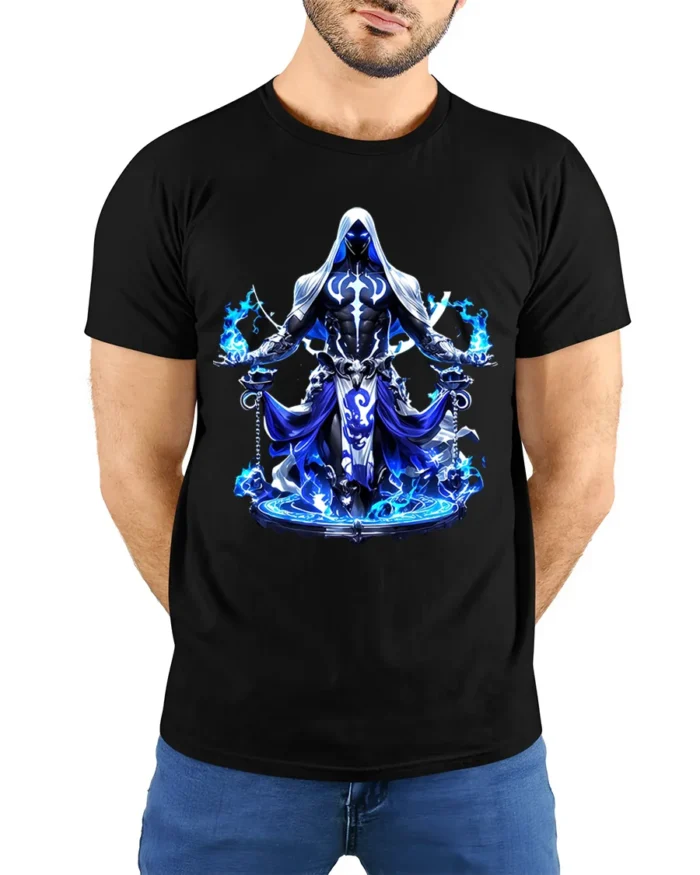 Shadow Mage T-Shirt Ethereal Hooded Figure Tee Now - model wearing black shirt, hands behind back