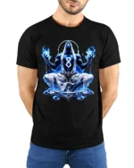 Blue Zen Master T-Shirt Spiritual Meditation Tee Now - model wearing black shirt, hands behind back