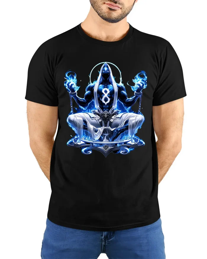 Blue Zen Master T-Shirt Spiritual Meditation Tee Now - model wearing black shirt, hands behind back
