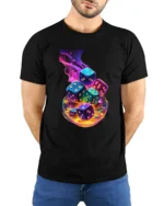 Swirling Dice Colorful Luck Gambling T-Shirt - model wearing black shirt, hands behind back
