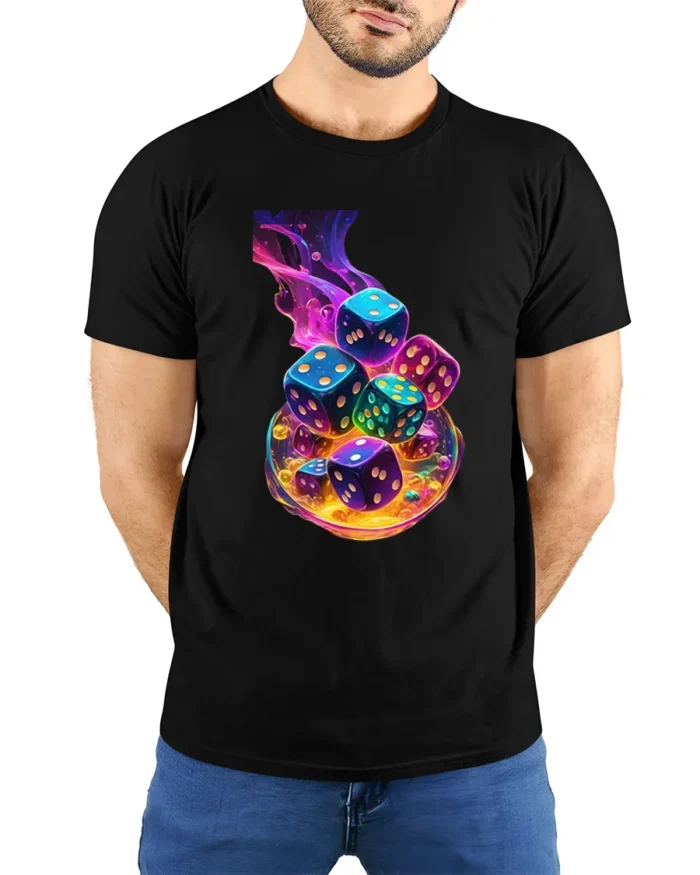 Swirling Dice Colorful Luck Gambling T-Shirt - model wearing black shirt, hands behind back