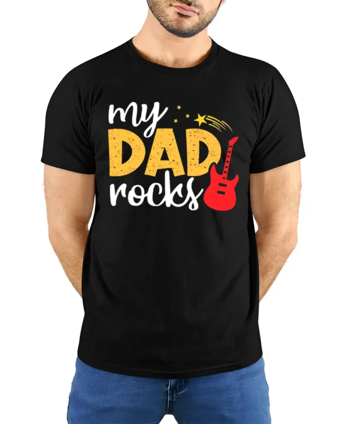 My Dad Rocks Cool Guitar Dad T-Shirt Gift - model wearing black shirt, hands behind back