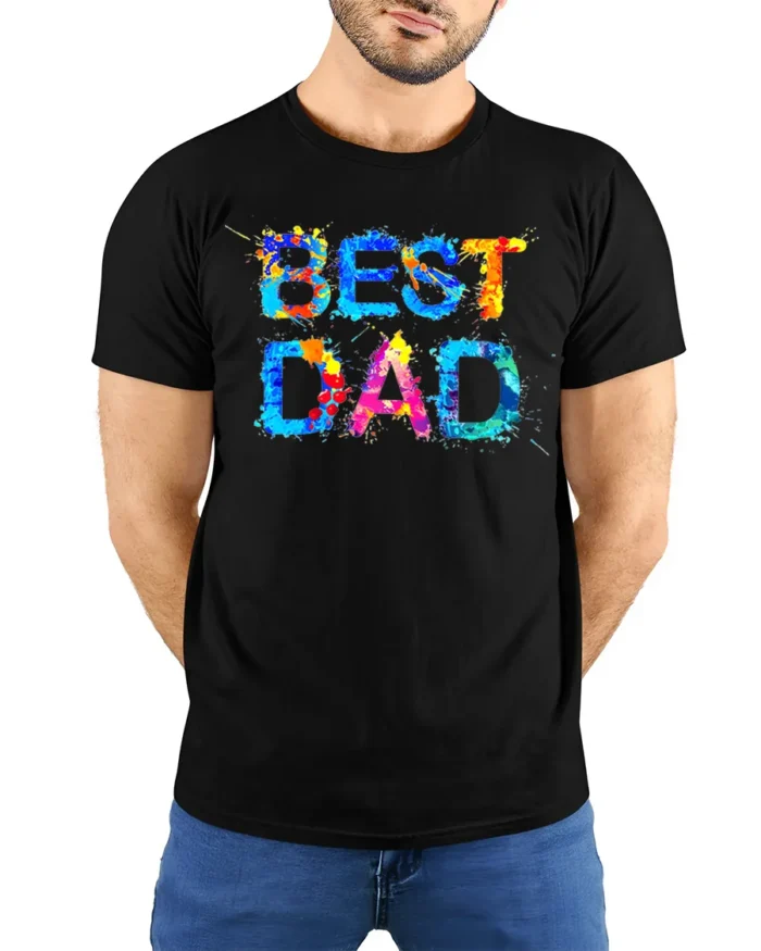 Best Dad Splatter Colorful Father’s Day T-Shirt - model wearing black shirt, hands behind back