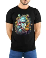 Rick and Morty Multiverse Funny Cartoon T-Shirt - model wearing black shirt, hands behind back