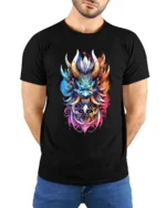 Colorful Oni Mask Japanese Demon Art T-Shirt - model wearing black shirt, hands behind back