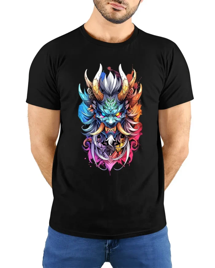Colorful Oni Mask Japanese Demon Art T-Shirt - model wearing black shirt, hands behind back