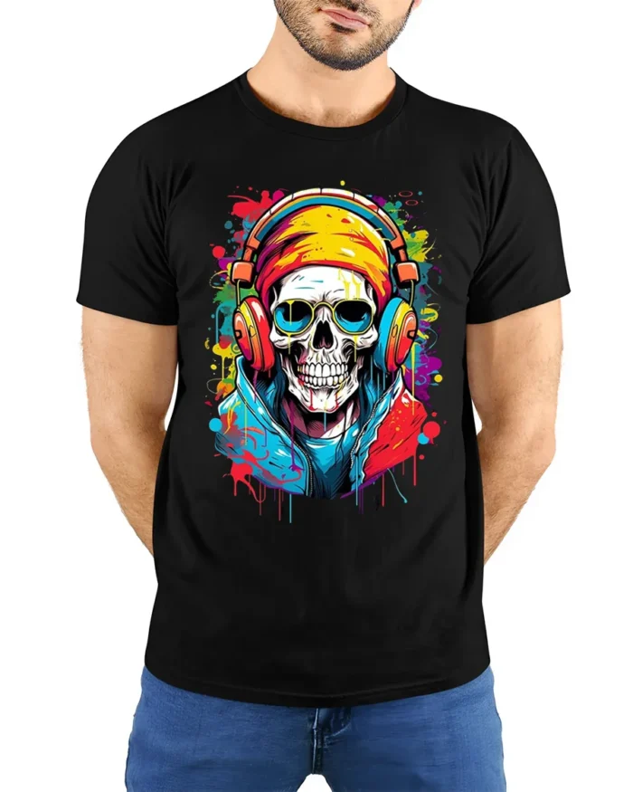 Skull Music Lover Cool Skeleton DJ T-Shirt - model wearing black shirt, hands behind back