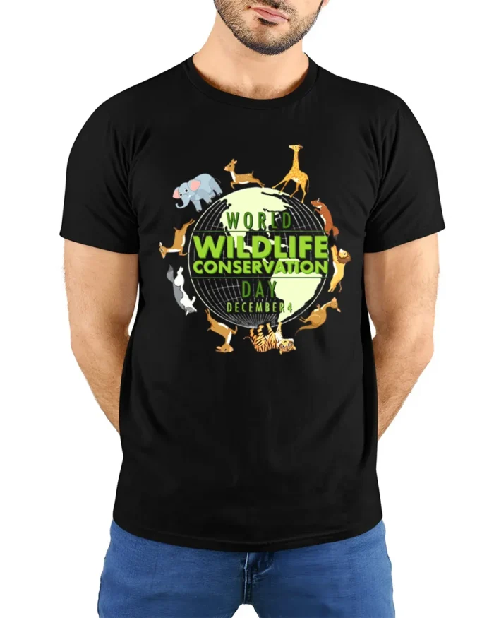 World Wildlife Day Animal Lover Earth T-Shirt - model wearing black shirt, hands behind back
