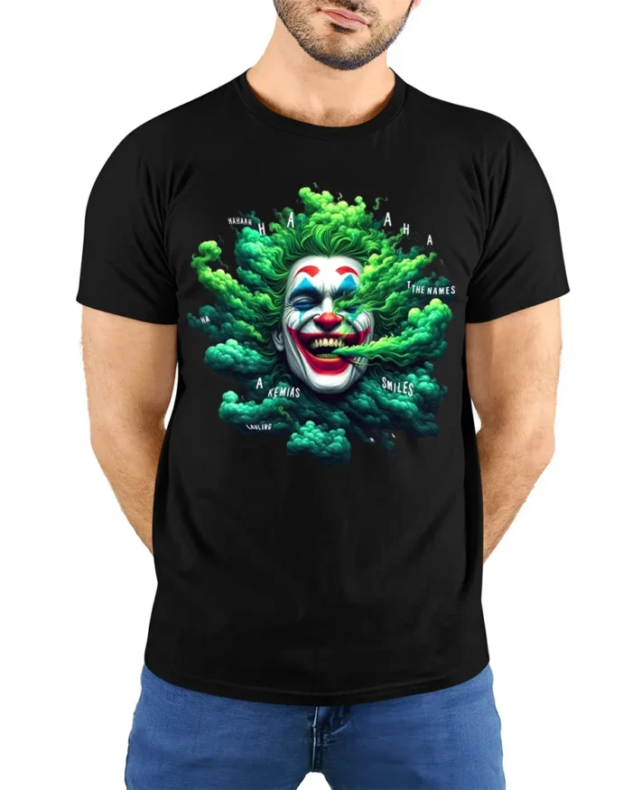Green Smoke Joker T-Shirt Crazy Clown Graphic Tee - model wearing black shirt, hands behind back