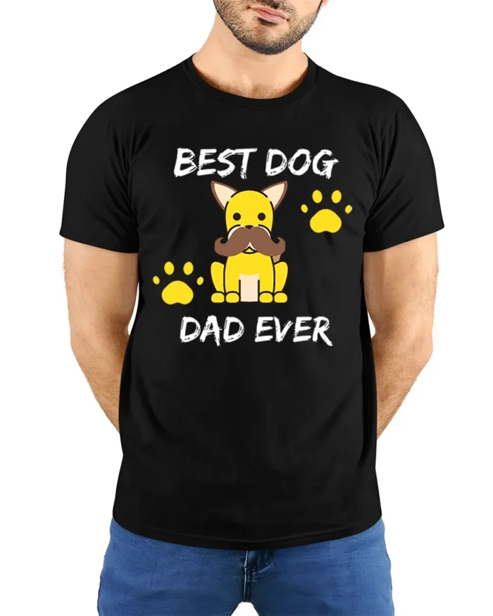 Best Dog Dad Funny Dog Lover Father’s Day T-Shirt - model wearing black shirt, hands behind back