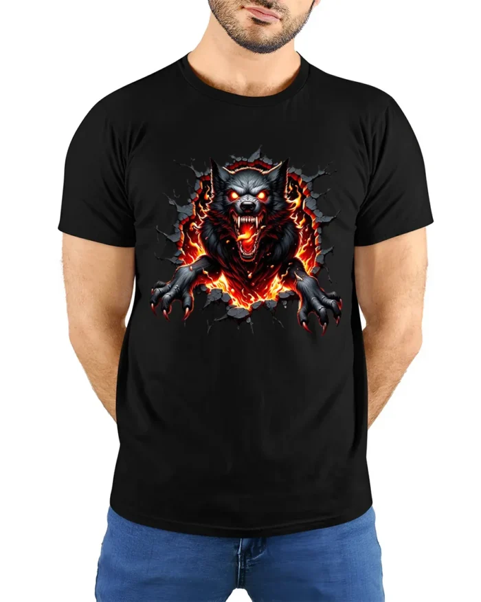 Fiery Wolf Breakout  Angry Wolf Graphic T-Shirt - model wearing black shirt, hands behind back