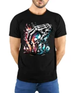 Death Plays Chess T-Shirt Skeleton Hand Game - model wearing black shirt, hands behind back