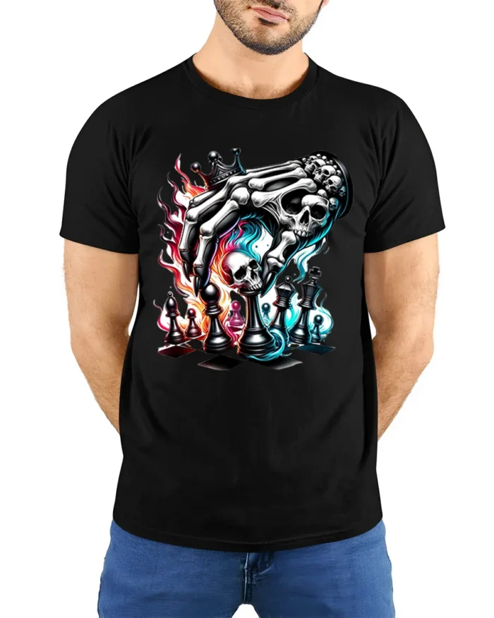 Death Plays Chess T-Shirt Skeleton Hand Game - model wearing black shirt, hands behind back