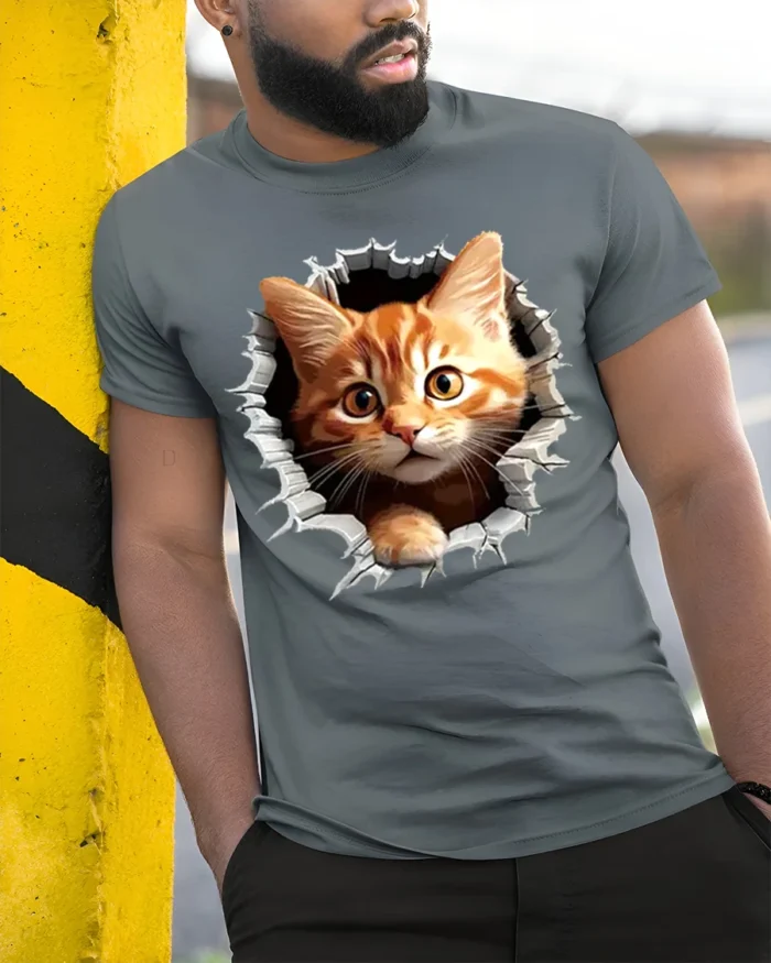 Hole in Tee Cat T-Shirt Cute Tabby Kitten Graphic - model in grey shirt leaning against column