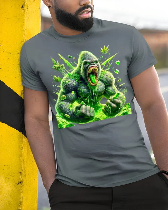 Green Ape Haze Tee Funny Gorilla Cannabis T-Shirt - model in grey shirt leaning against column