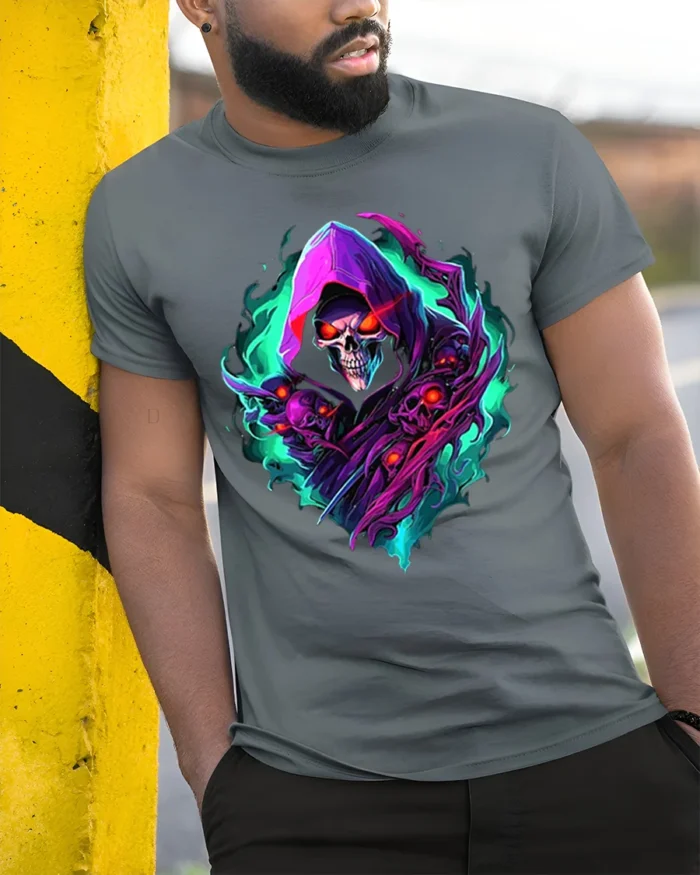 Spectral Death Cool Grim Reaper Skull T-Shirt - model in grey shirt leaning against column