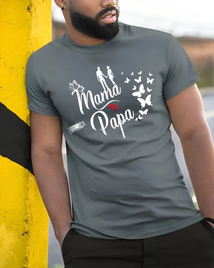 Mama Papa Butterfly Tee Sweet Family Love T-Shirt - model in grey shirt leaning against column