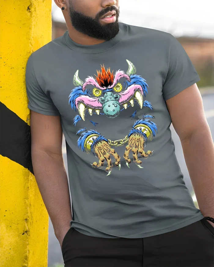 Crazy Monster Grin Tee Unique Colorful Monster Now - model in grey shirt leaning against column