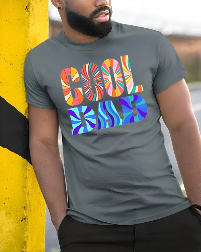 Retro Cool Dad Groovy Father’s Day T-Shirt Gift - model in grey shirt leaning against column