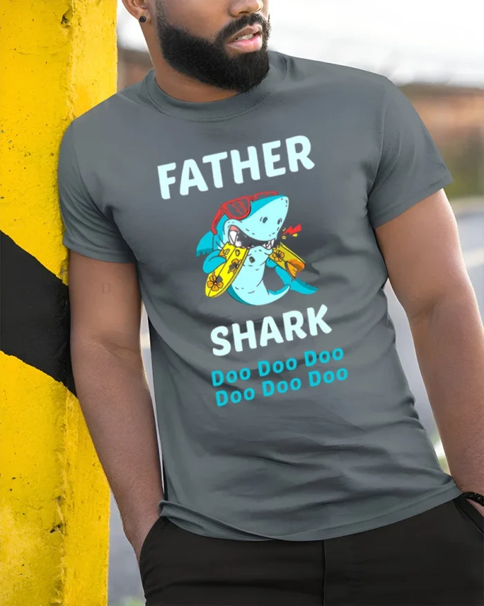 Father Shark Funny Dad Shark Doo Doo T-Shirt - model in grey shirt leaning against column