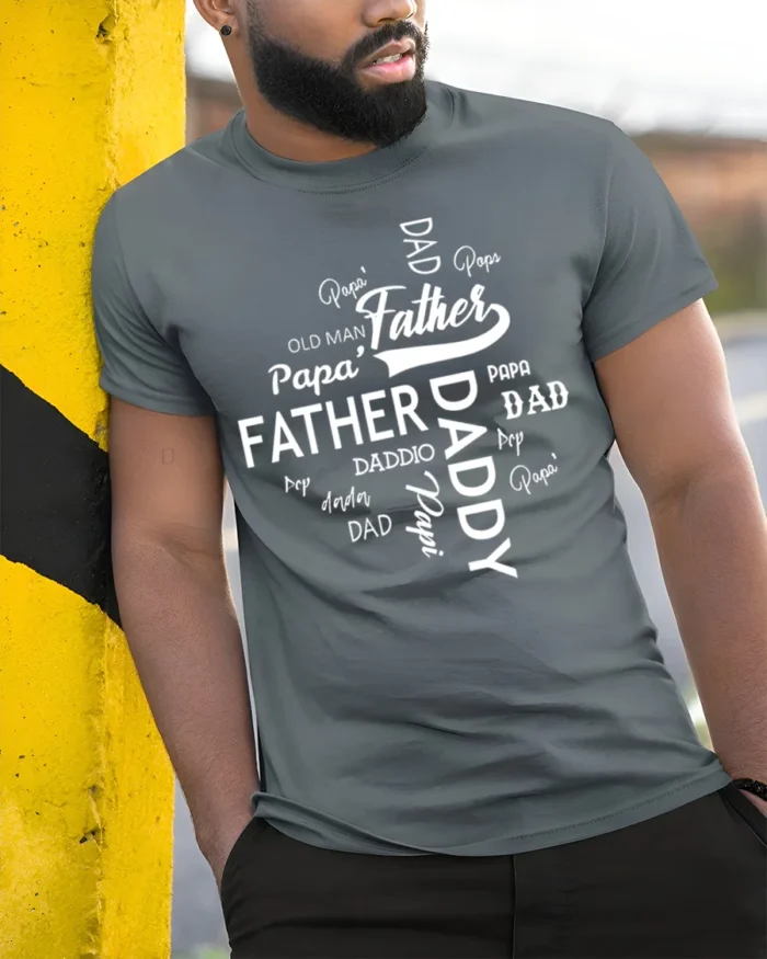 Daddy Papa Pops T-Shirt Father’s Day Nickname Tee - model in grey shirt leaning against column