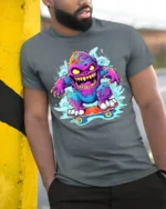 Skate Monster Funny Cartoon Skateboard T-Shirt - model in grey shirt leaning against column