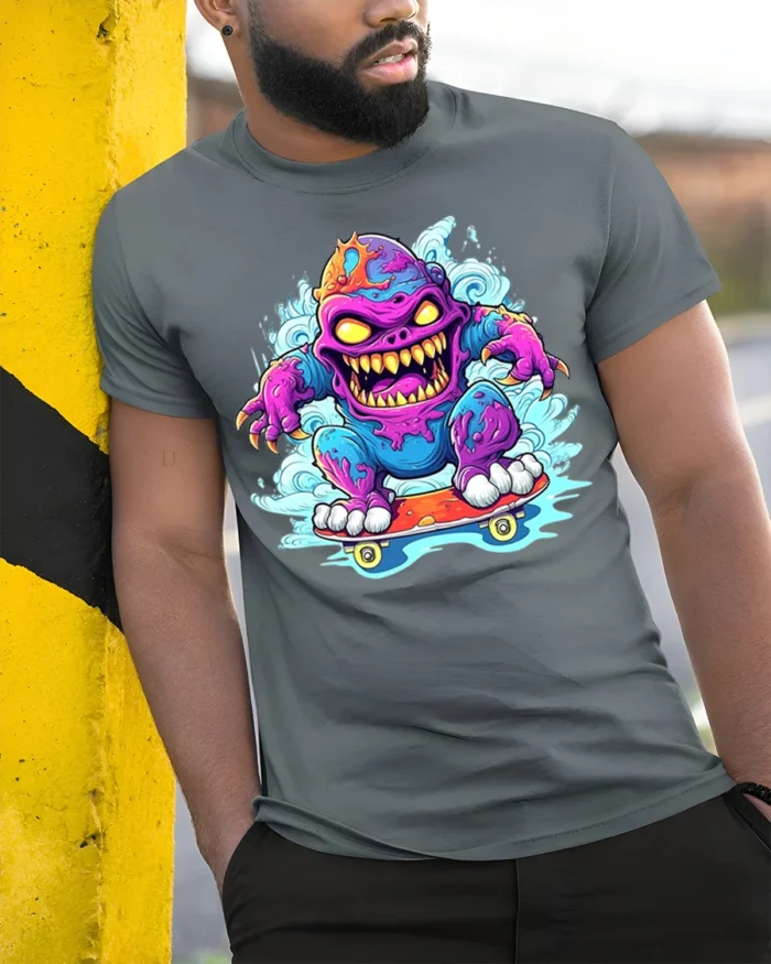 Skate Monster Funny Cartoon Skateboard T-Shirt - model in grey shirt leaning against column