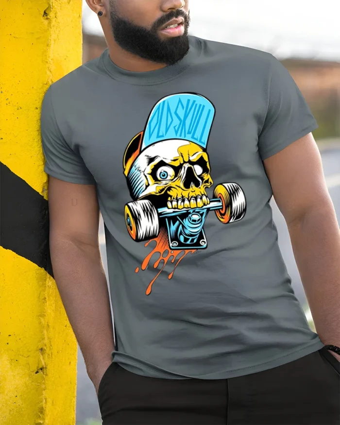 Cool Skull Skateboard Funny Skeleton Rider Tee - model in grey shirt leaning against column