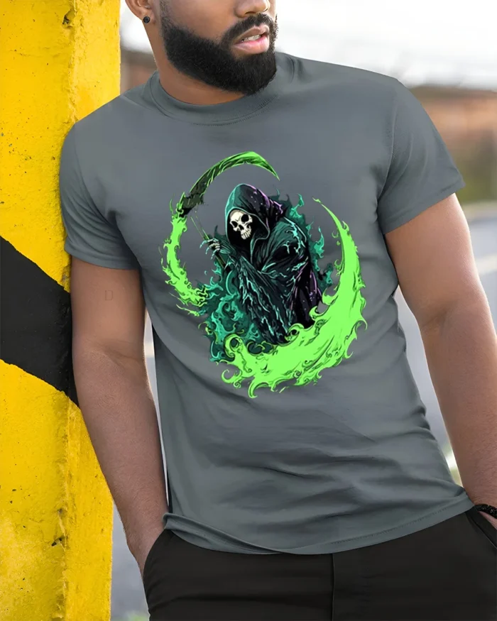 Green Reaper Scythe Grim Reaper Graphic T-Shirt - model in grey shirt leaning against column