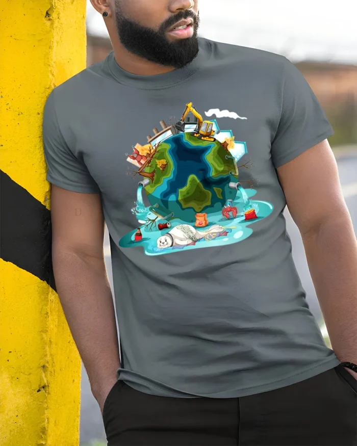 Melting Earth Climate Change Awareness T-Shirt - model in grey shirt leaning against column