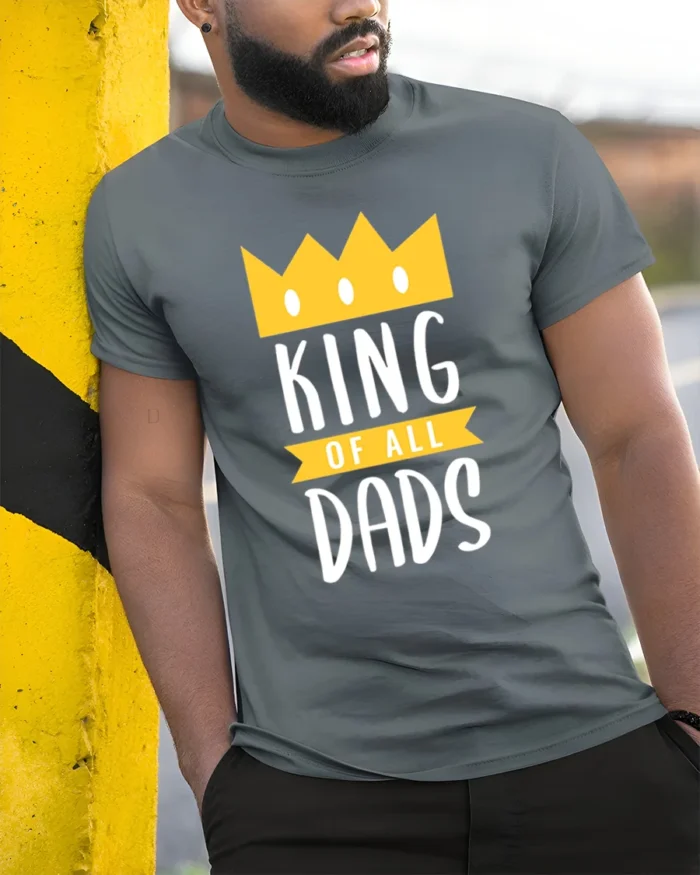 King of Dads Best Dad Crown Graphic T-Shirt Gift - model in grey shirt leaning against column