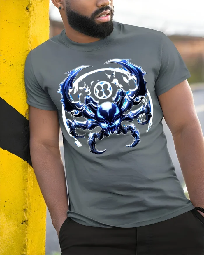 Cyber Spider Metallic Alien Insect Graphic T-Shirt - model in grey shirt leaning against column
