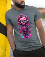 Romantic Skull Cute Skull with Roses T-Shirt - model in grey shirt leaning against column